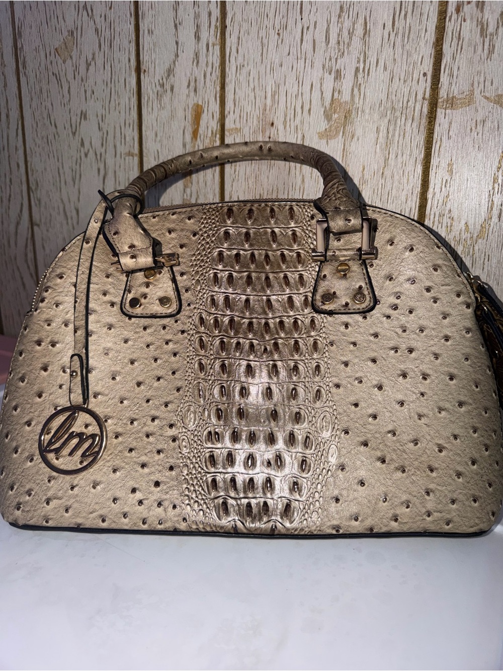 Metallic Gold Embossed Dome Satchel Handbag LM LARGE BAG